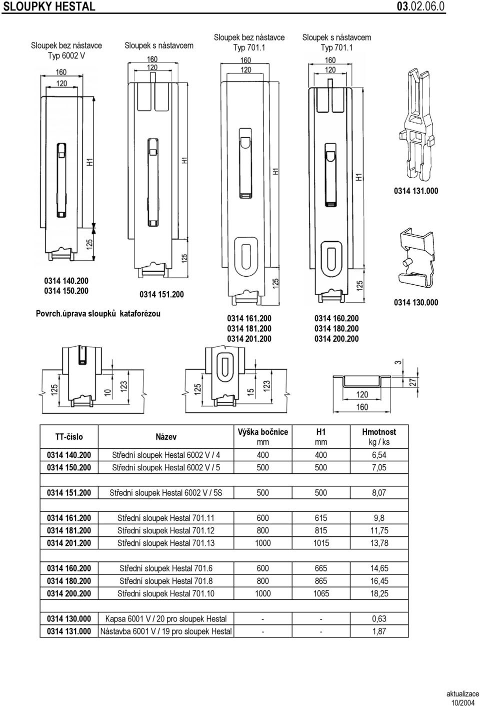 200 Střední sloupek Hestal 6002 V / 4 400 400 6,54 0314 150.200 Střední sloupek Hestal 6002 V / 5 500 500 7,05 0314 151.200 Střední sloupek Hestal 6002 V / 5S 500 500 8,07 0314 161.