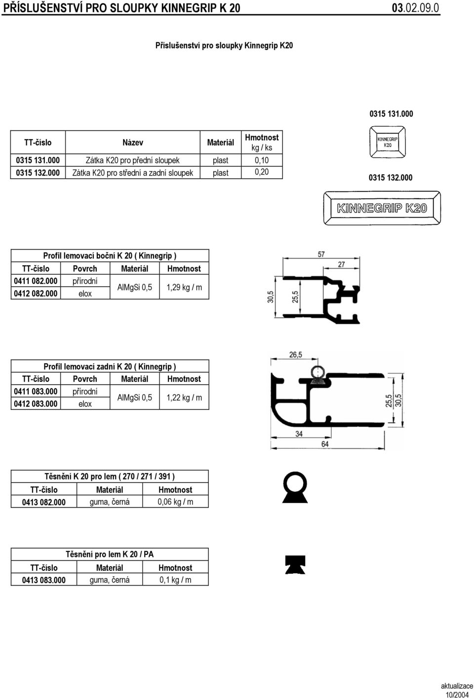 000 Profil lemovací boční K 20 ( Kinnegrip ) Povrch Materiál 0411 082.000 přírodní AlMgSi 0,5 1,29 kg / m 0412 082.