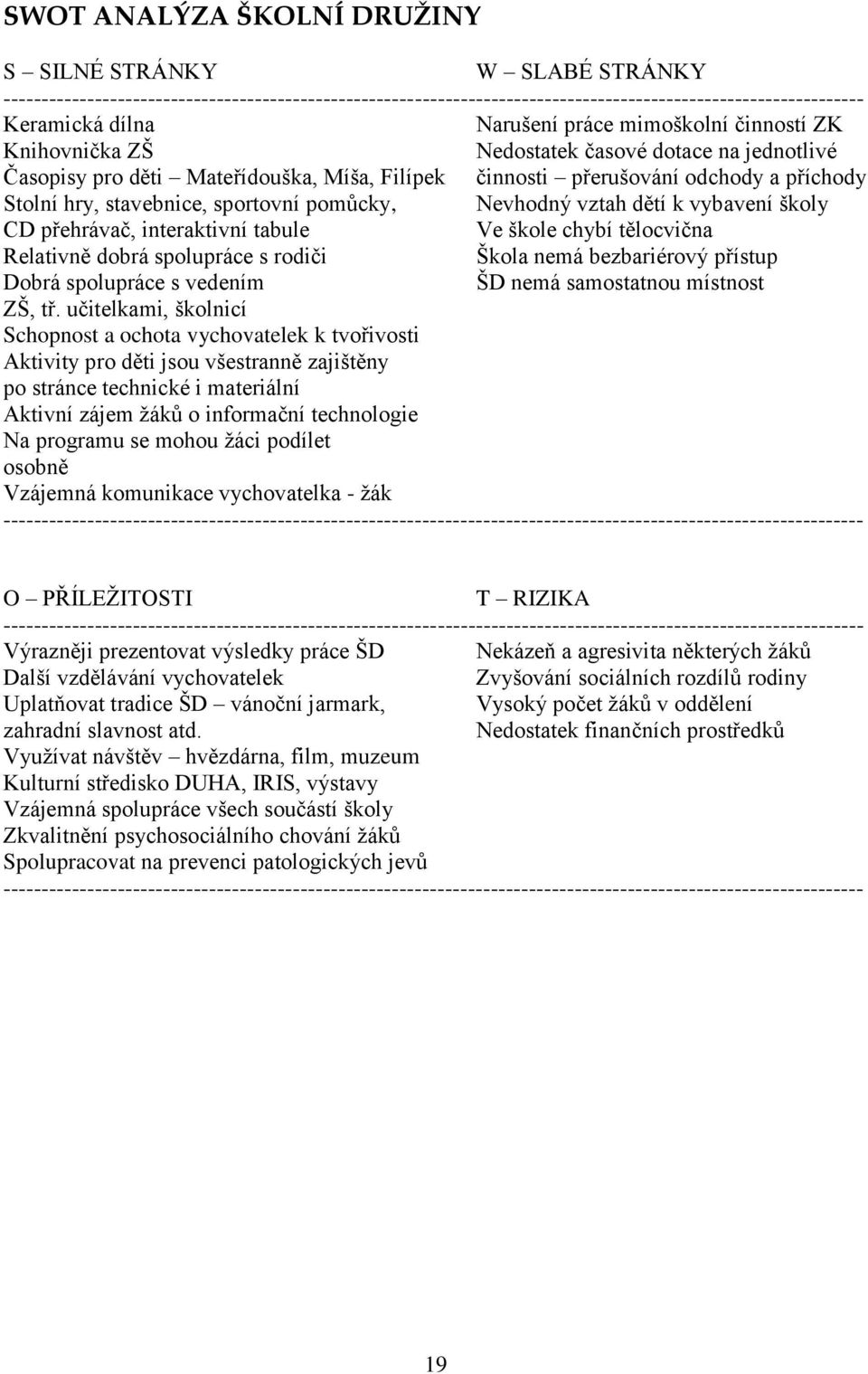 sportovní pomůcky, Nevhodný vztah dětí k vybavení školy CD přehrávač, interaktivní tabule Ve škole chybí tělocvična Relativně dobrá spolupráce s rodiči Škola nemá bezbariérový přístup Dobrá