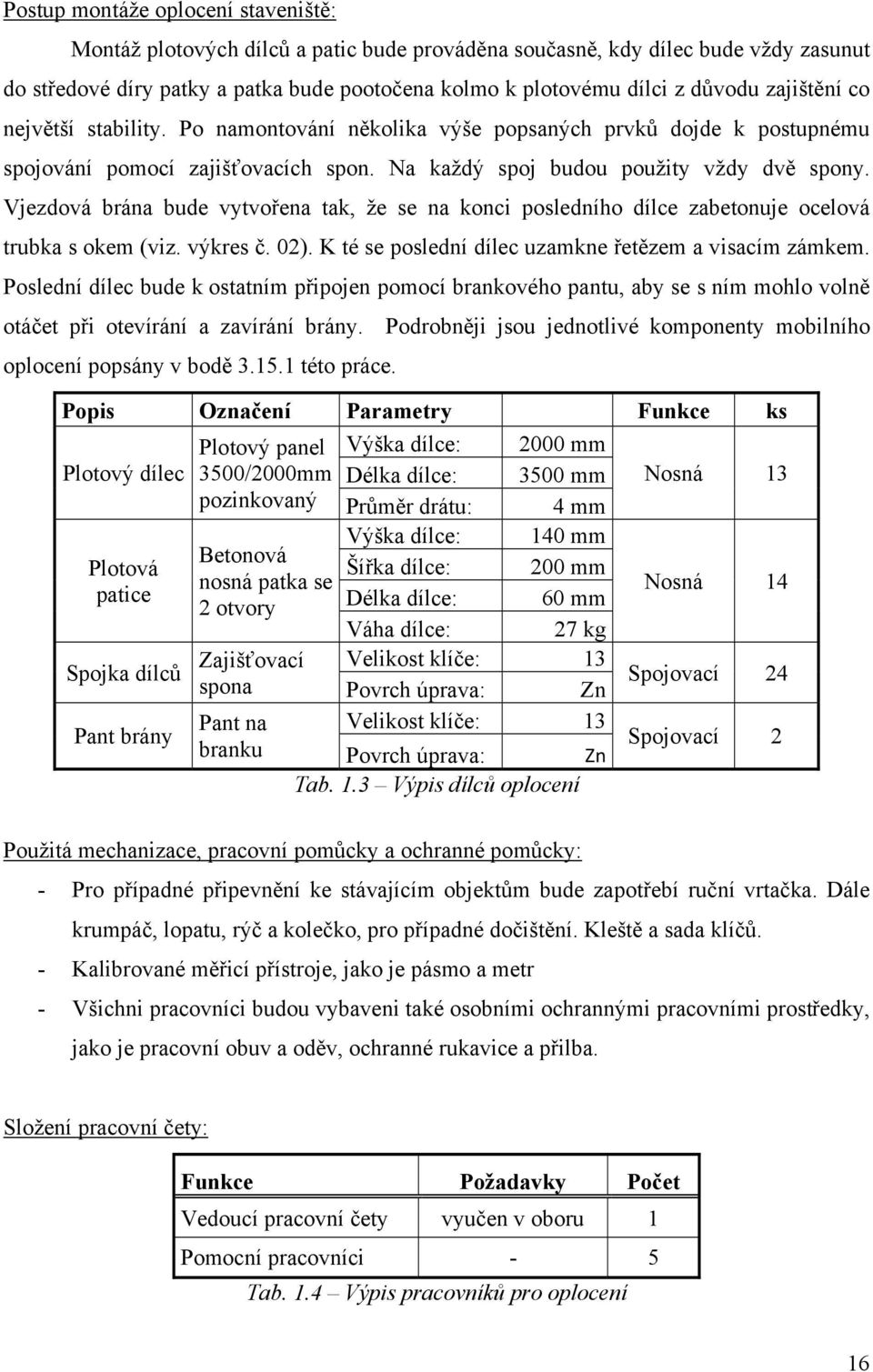 Vjezdová brána bude vytvořena tak, že se na konci posledního dílce zabetonuje ocelová trubka s okem (viz. výkres č. 02). K té se poslední dílec uzamkne řetězem a visacím zámkem.