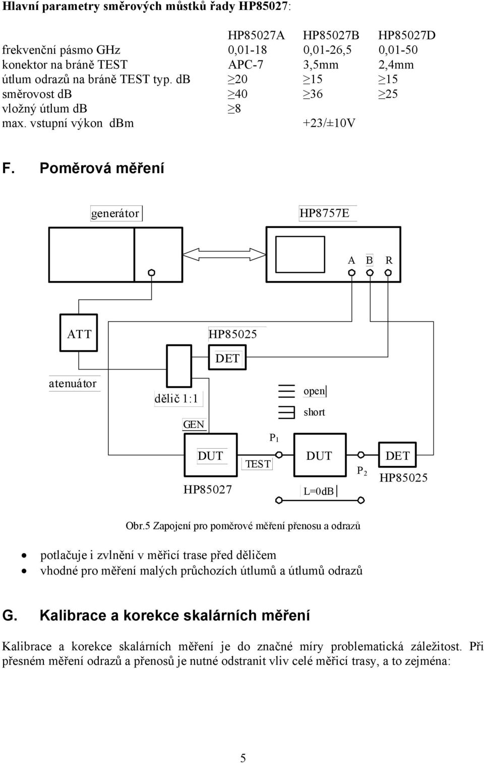 Poměrová měření generátor HP8757E A B R ATT HP85025 DET atenuátor dělič 1:1 GEN open short P 1 DUT HP85027 TEST DUT L=0dB P 2 DET HP85025 Obr.