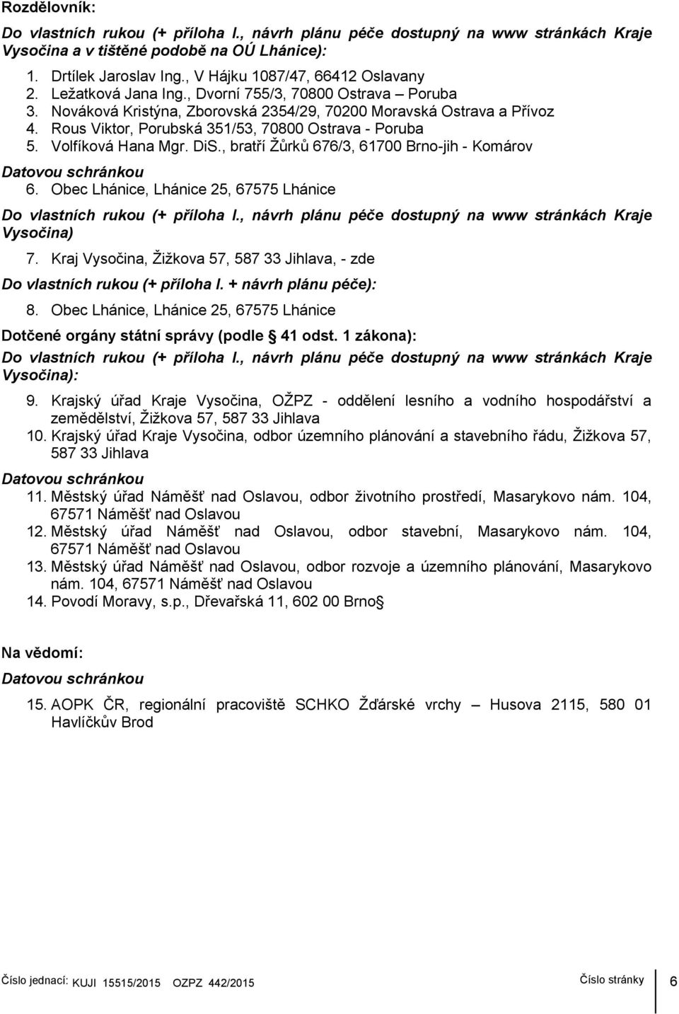 Volfíková Hana Mgr. DiS., bratří Žůrků 676/3, 61700 Brno-jih - Komárov Datovou schránkou 6. Obec Lhánice, Lhánice 25, 67575 Lhánice Do vlastních rukou (+ příloha I.