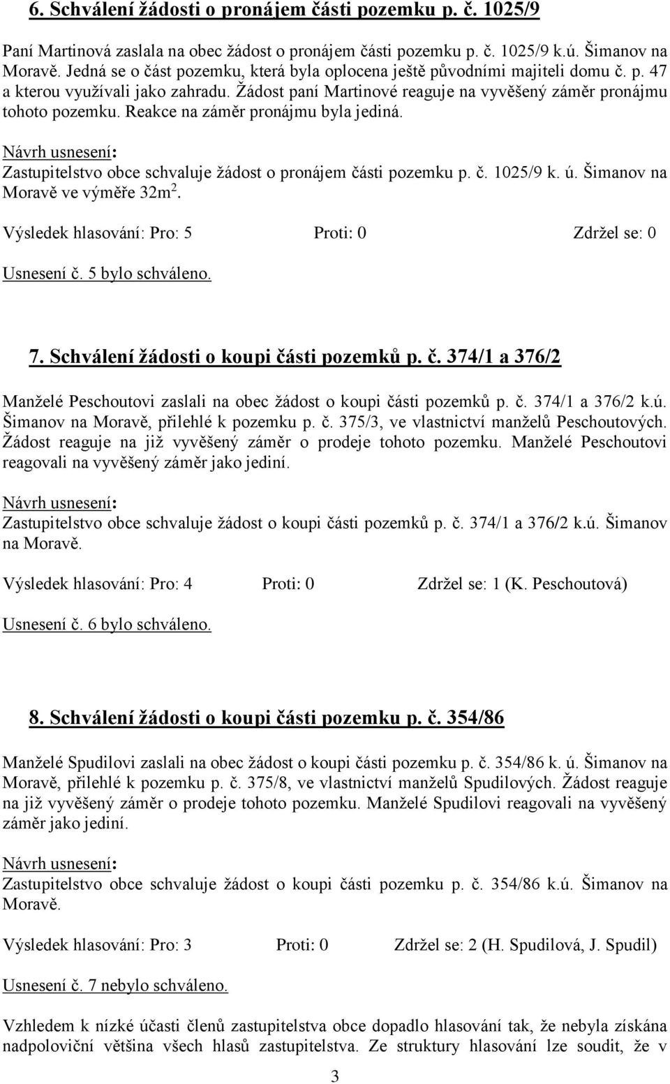 Reakce na záměr pronájmu byla jediná. Zastupitelstvo obce schvaluje žádost o pronájem části pozemku p. č. 1025/9 k. ú. Šimanov na Moravě ve výměře 32m 2. Usnesení č. 5 bylo schváleno. 7.