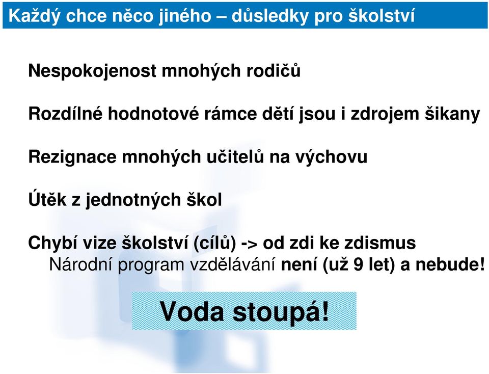 učitelů na výchovu Útěk z jednotných škol Chybí vize školství (cílů) -> od