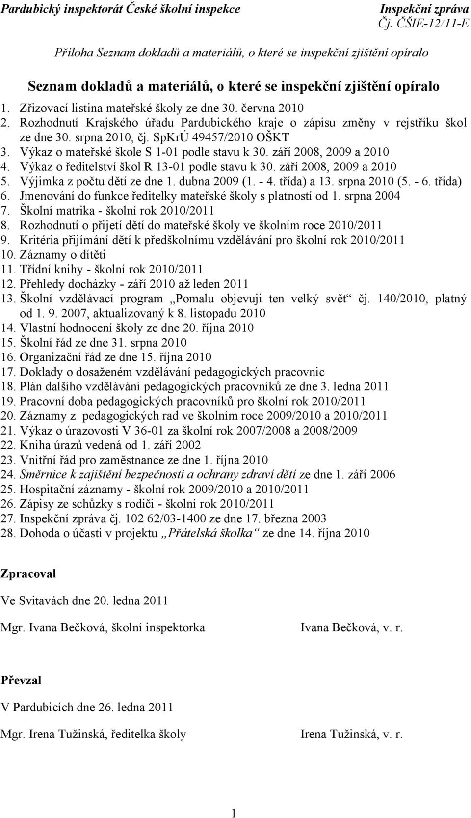 září 2008, 2009 a 2010 4. Výkaz o ředitelství škol R 13-01 podle stavu k 30. září 2008, 2009 a 2010 5. Výjimka z počtu dětí ze dne 1. dubna 2009 (1. - 4. třída) a 13. srpna 2010 (5. - 6. třída) 6.