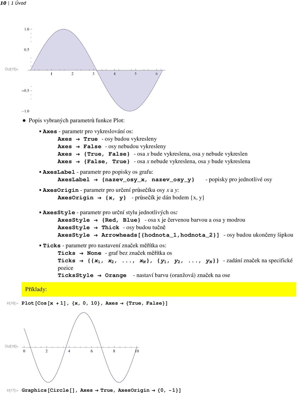 AxesOrigin - parametr pro určení průsečíku osy x a y: AxesOrigin {x, y} - průsečík je dán bodem {x, y} - popisky pro jednotlivé osy ä AxesStyle - parametr pro urční stylu jednotlivých os: AxesStyle