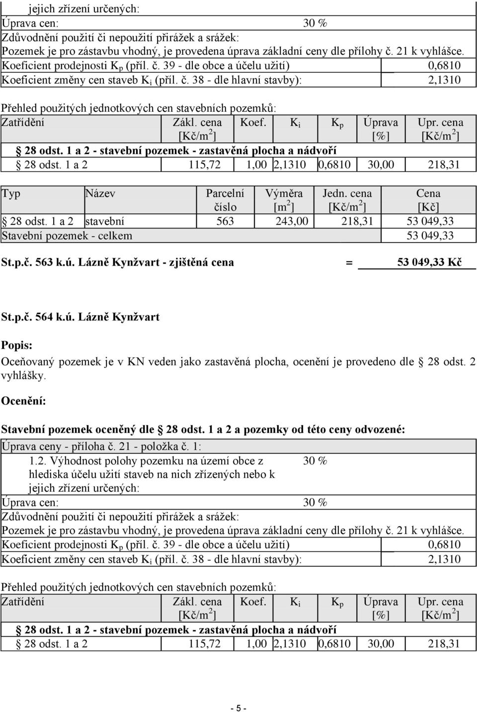cena [Kč/m 2 ] Koef. K i K p Úprava [%] Upr. cena [Kč/m 2 ] 28 odst. 1 a 2 - stavební pozemek - zastavěná plocha a nádvoří 28 odst.