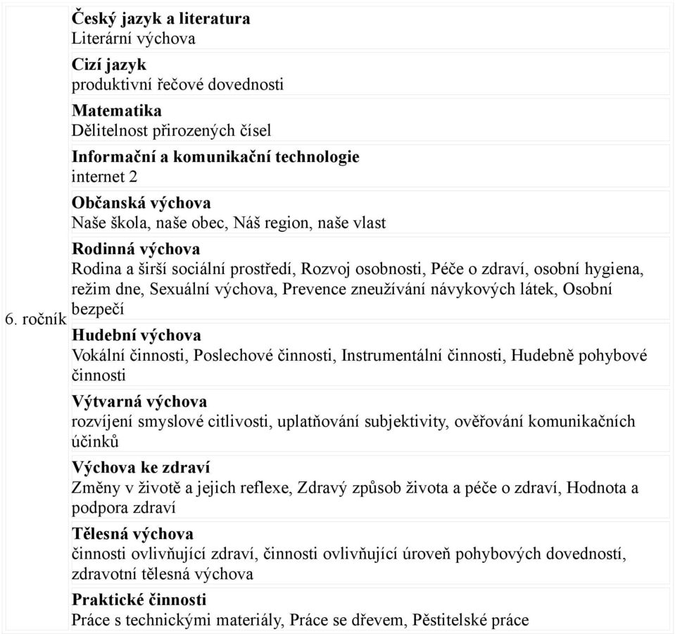 činnosti, Instrumentální činnosti, Hudebně pohybové činnosti rozvíjení smyslové citlivosti, uplatňování subjektivity, ověřování komunikačních účinků Změny v životě a jejich reflexe, Zdravý způsob