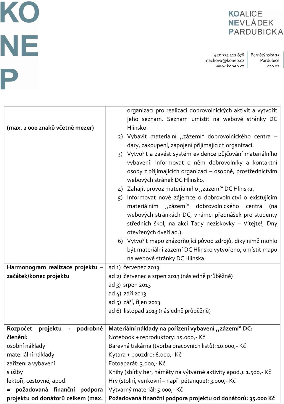 3) Vytvořit a zavést systém evidence půjčování materiálního vybavení. Informovat o něm dobrovolníky a kontaktní osoby z přijímajících organizací osobně, prostřednictvím webových stránek DC Hlinsko.