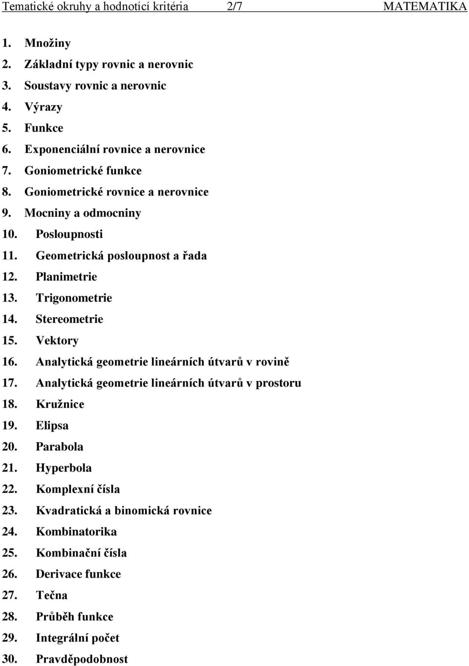 Planimetrie 13. Trigonometrie 14. Stereometrie 15. Vektory 16. Analytická geometrie lineárních útvarů v rovině 17. Analytická geometrie lineárních útvarů v prostoru 18. Kružnice 19.