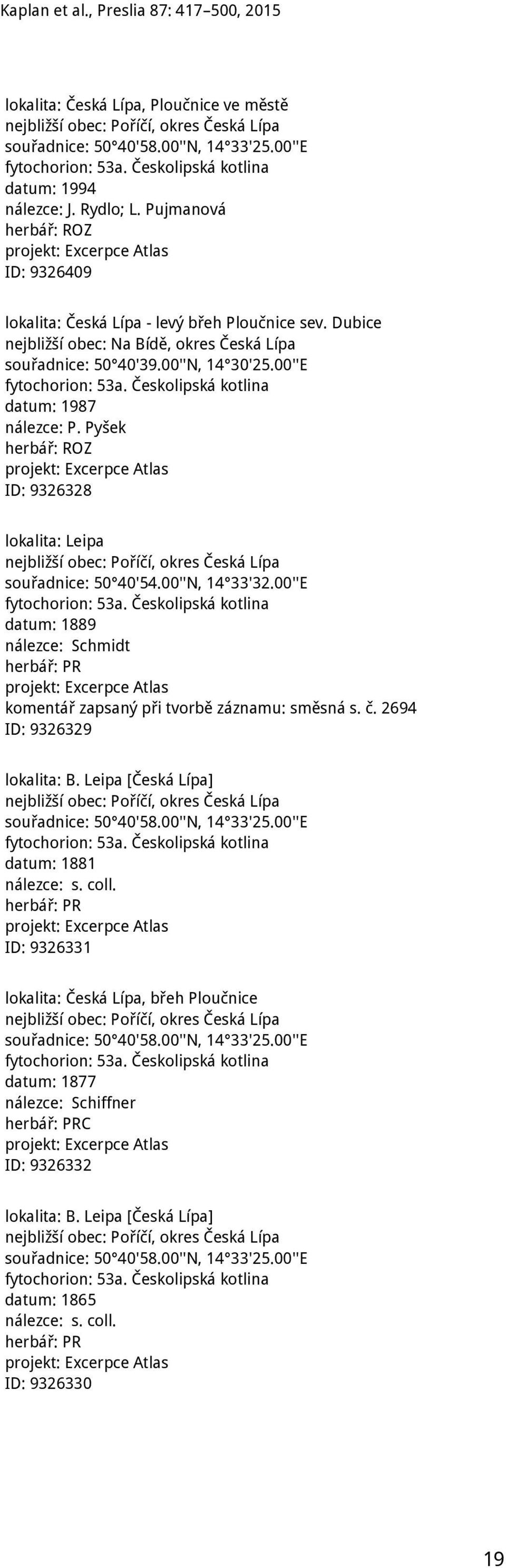 Českolipská kotlina datum: 1987 nálezce: P. Pyšek ID: 9326328 lokalita: Leipa nejbližší obec: Poříčí, okres Česká Lípa souřadnice: 50 40'54.00''N, 14 33'32.00''E fytochorion: 53a.