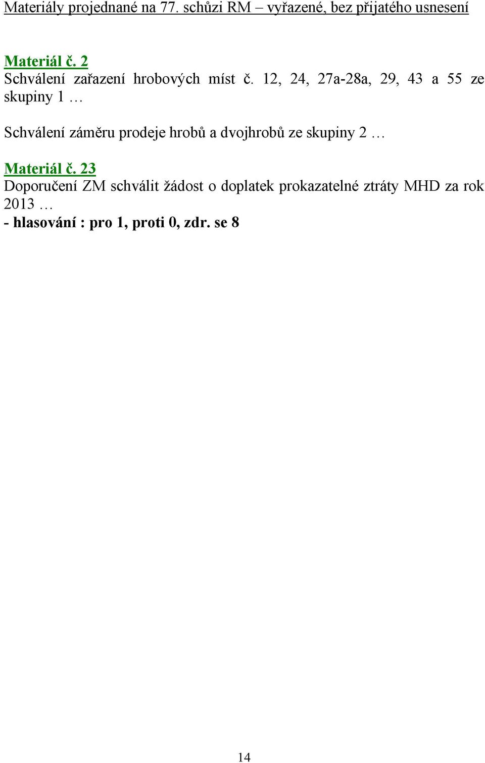 12, 24, 27a-28a, 29, 43 a 55 ze skupiny 1 Schválení záměru prodeje hrobů a dvojhrobů ze