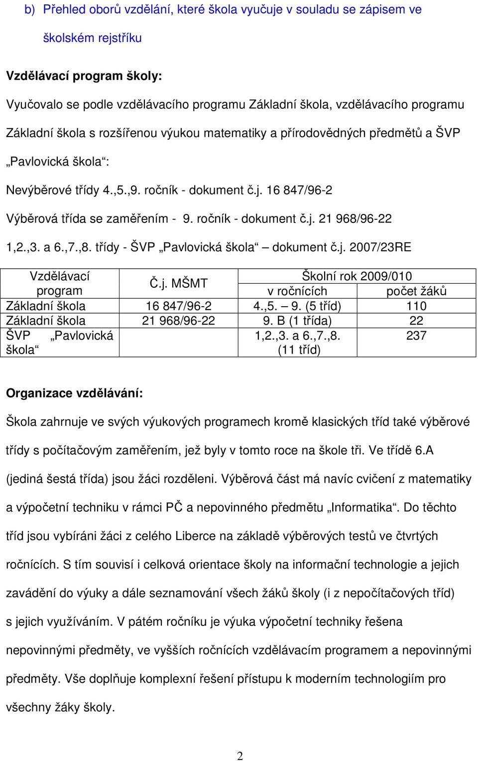 ročník - dokument č.j. 21 968/96-22 1,2.,3. a 6.,7.,8. třídy - ŠVP Pavlovická škola dokument č.j. 2007/23RE Vzdělávací Školní rok 2009/010 Č.j. MŠMT program v ročnících počet žáků Základní škola 16 847/96-2 4.