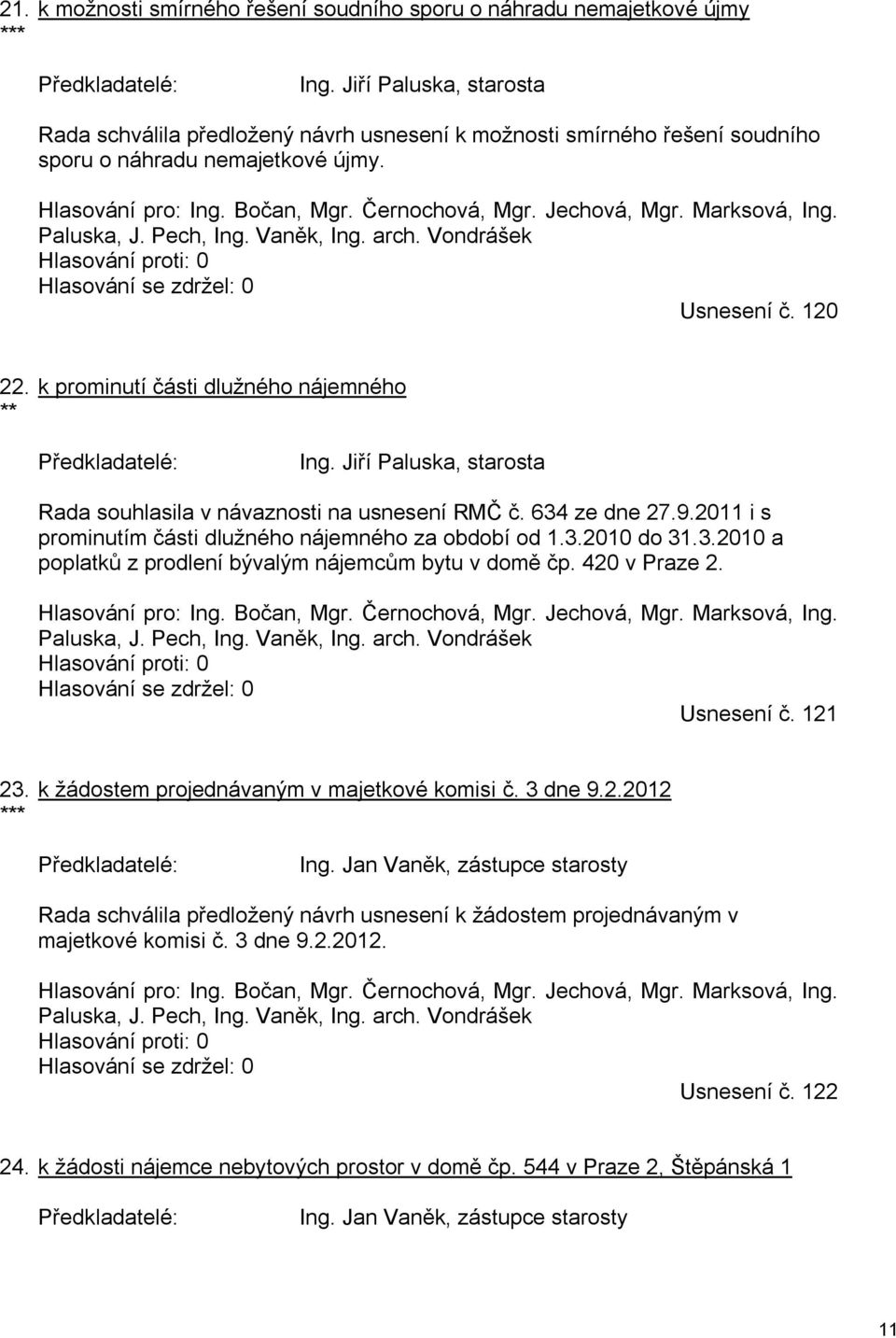 Marksová, Ing. Paluska, J. Pech, Ing. Vaněk, Ing. arch. Vondrášek Hlasování proti: 0 Hlasování se zdržel: 0 Usnesení č. 120 22. ** k prominutí části dlužného nájemného Ing.