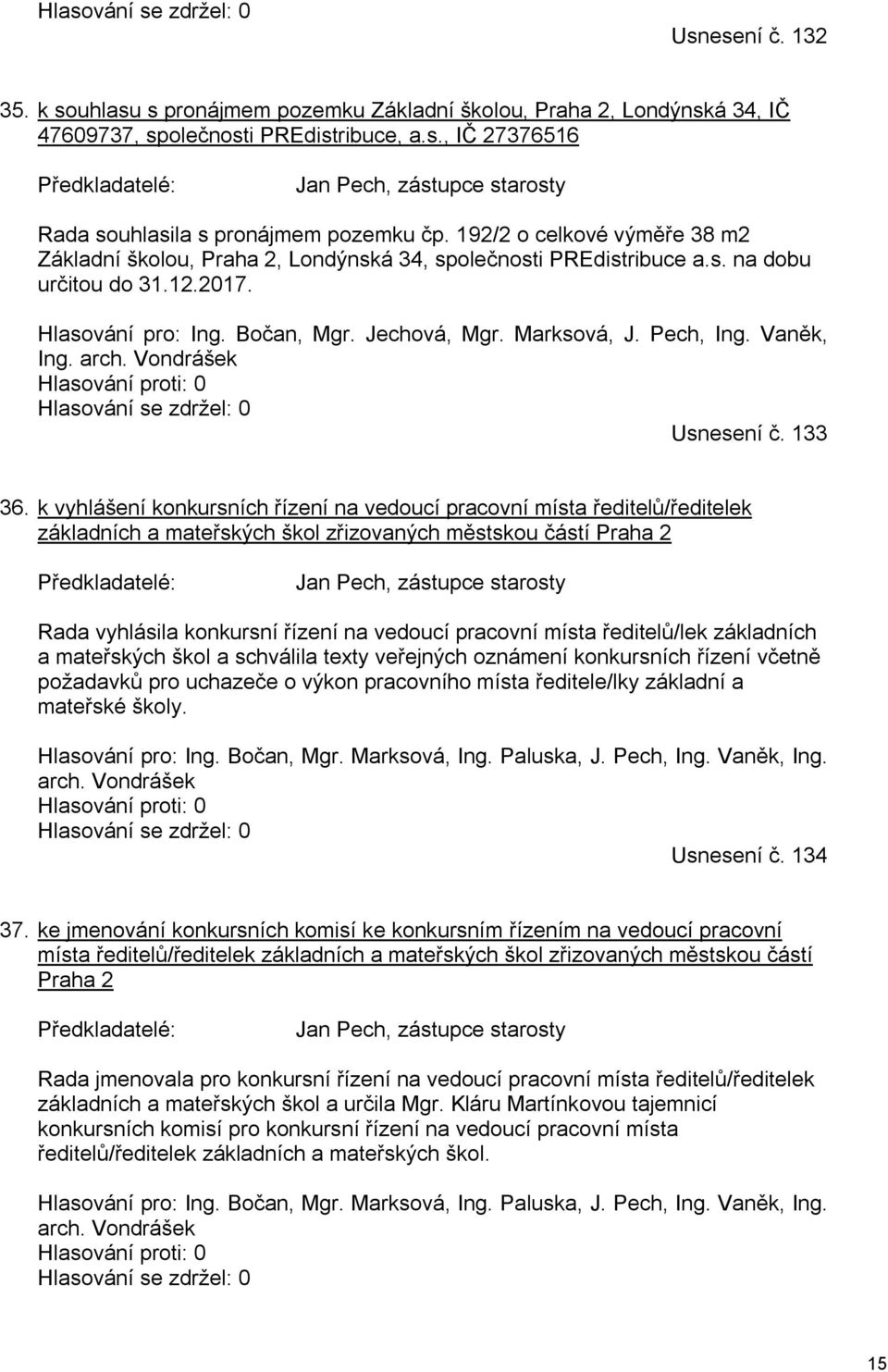 Vaněk, Ing. arch. Vondrášek Hlasování proti: 0 Hlasování se zdržel: 0 Usnesení č. 133 36.