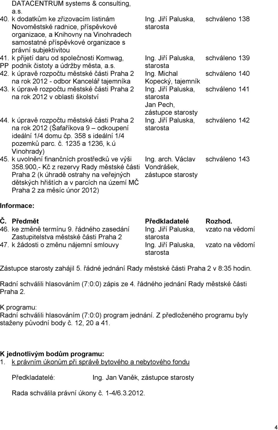 k přijetí daru od společnosti Komwag, PP podnik čistoty a údržby města, a.s. 42. k úpravě rozpočtu městské části Praha 2 na rok 2012 - odbor Kancelář tajemníka 43.