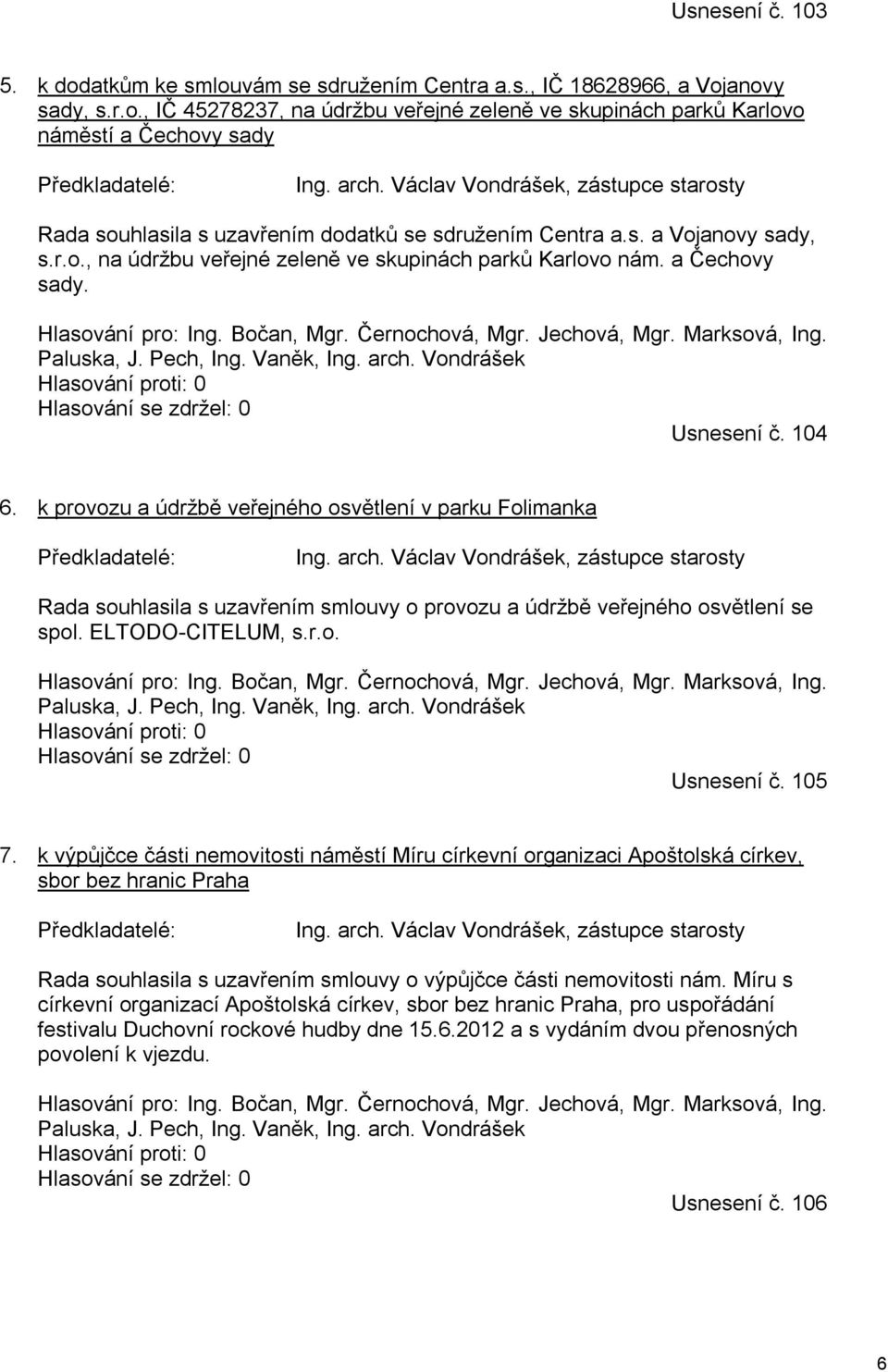 Hlasování pro: Ing. Bočan, Mgr. Černochová, Mgr. Jechová, Mgr. Marksová, Ing. Paluska, J. Pech, Ing. Vaněk, Ing. arch. Vondrášek Hlasování proti: 0 Hlasování se zdržel: 0 Usnesení č. 104 6.