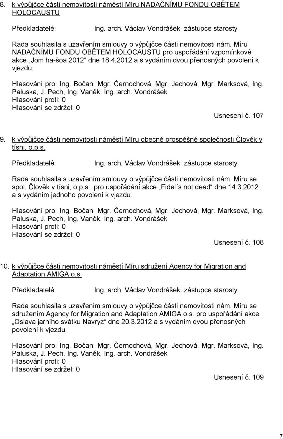 Jechová, Mgr. Marksová, Ing. Paluska, J. Pech, Ing. Vaněk, Ing. arch. Vondrášek Hlasování proti: 0 Hlasování se zdržel: 0 Usnesení č. 107 9.