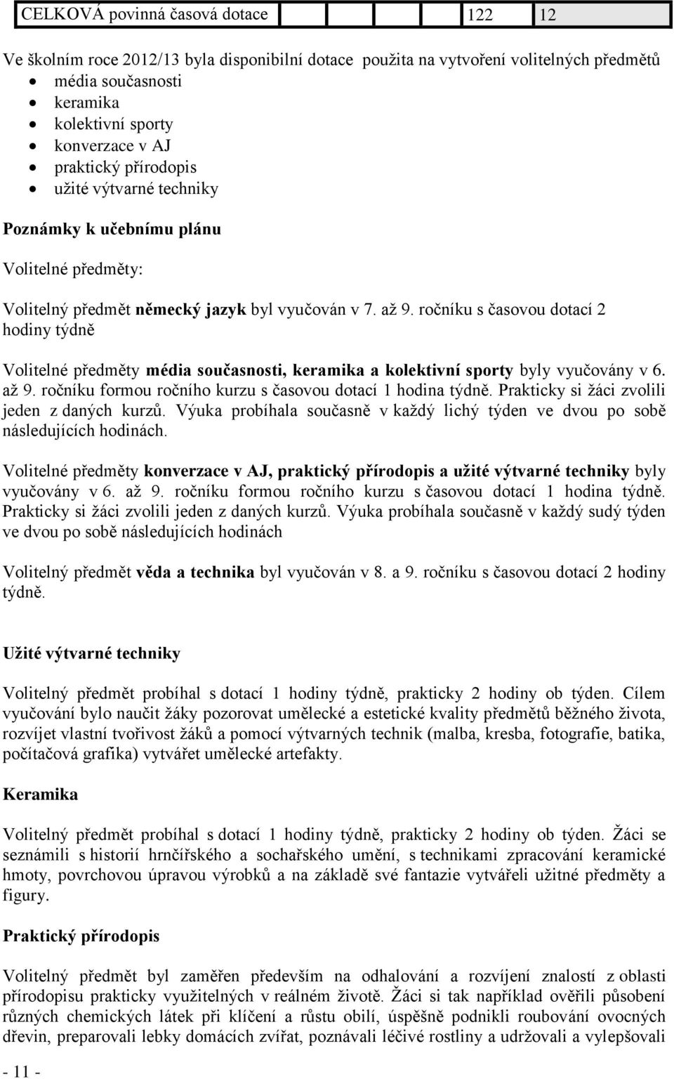 ročníku s časovou dotací 2 hodiny týdně Volitelné předměty média současnosti, keramika a kolektivní sporty byly vyučovány v 6. až 9. ročníku formou ročního kurzu s časovou dotací 1 hodina týdně.
