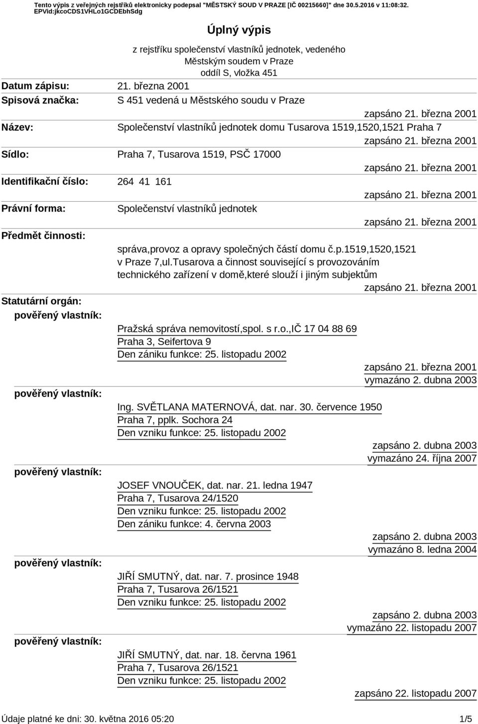 číslo: 264 41 161 Právní forma: Společenství vlastníků jednotek Předmět činnosti: správa,provoz a opravy společných částí domu č.p.1519,1520,1521 v Praze 7,ul.