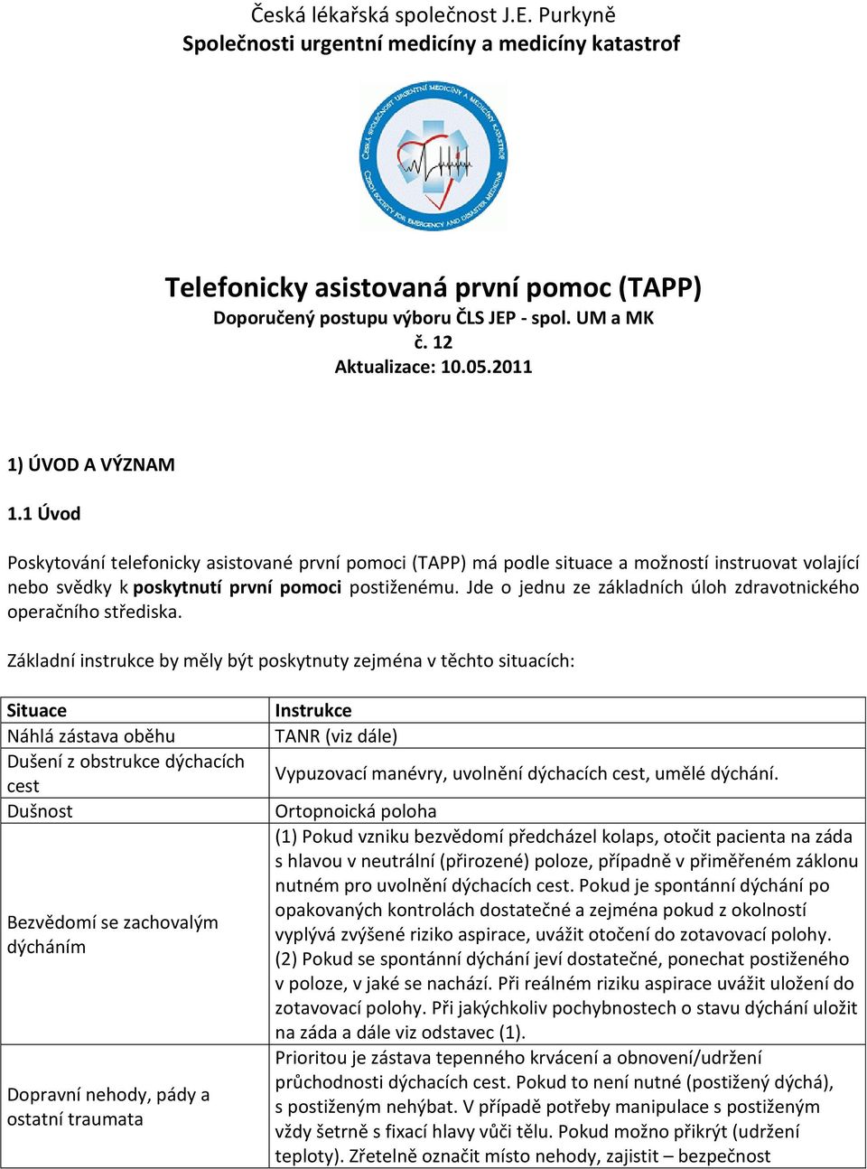 1 Úvod Poskytování telefonicky asistované první pomoci (TAPP) má podle situace a možností instruovat volající nebo svědky k poskytnutí první pomoci postiženému.