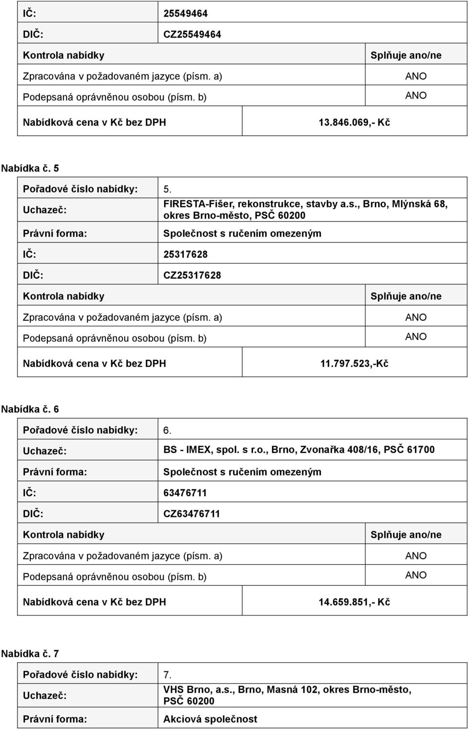 797.523,-Kč Nabídka č. 6 Pořadové číslo nabídky: 6. BS - IMEX, spol. s r.o., Brno, Zvonařka 408/16, PSČ 61700 IČ: 63476711 CZ63476711 14.