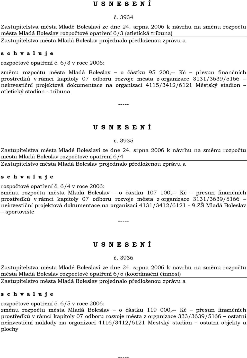 dokumentace na organizaci 4115/3412/6121 Městský stadion atletický stadion - tribuna č. 3935 města Mladá Boleslav rozpočtové opatření 6/4 rozpočtové opatření č.