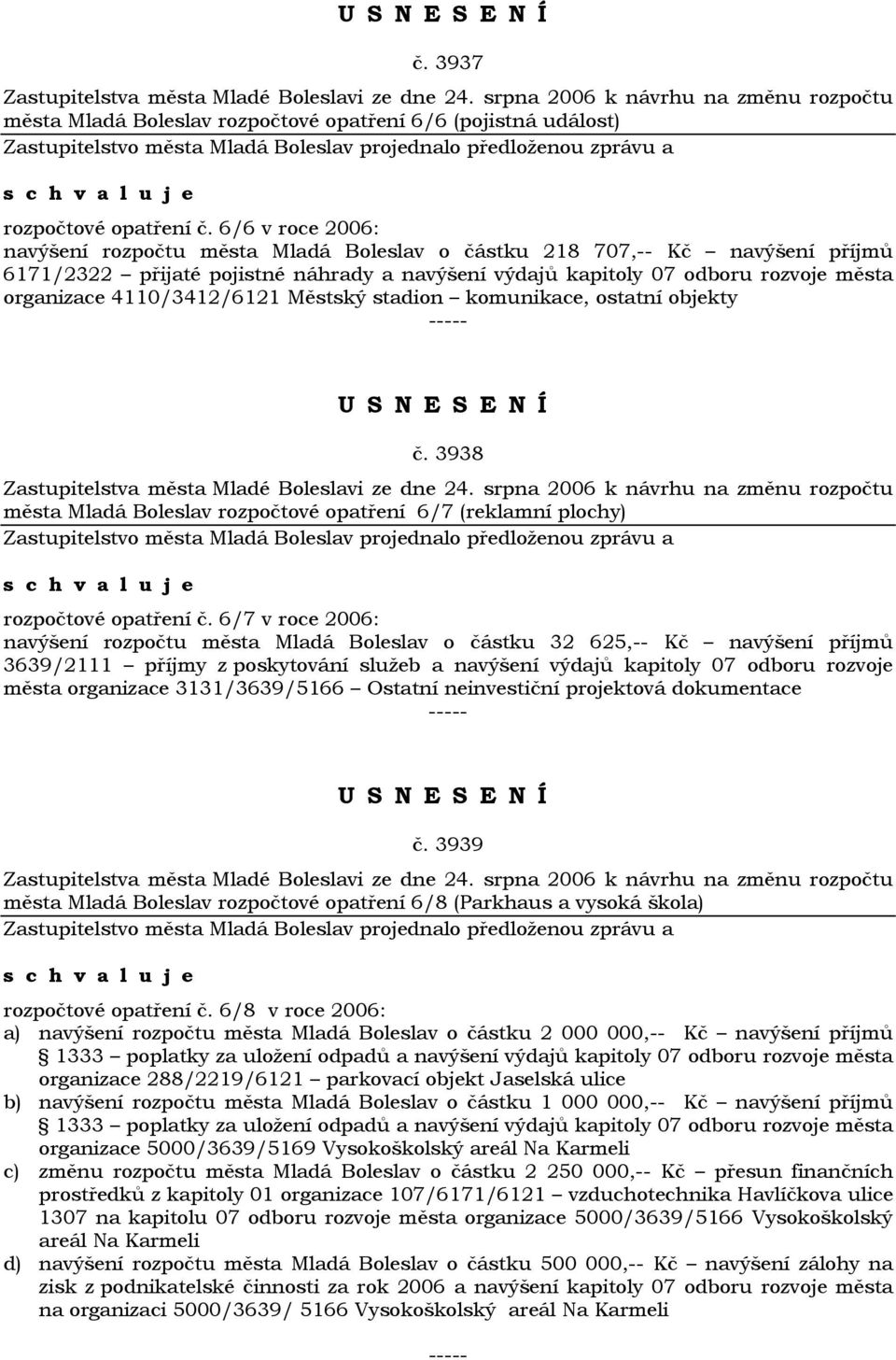 4110/3412/6121 Městský stadion komunikace, ostatní objekty č. 3938 města Mladá Boleslav rozpočtové opatření 6/7 (reklamní plochy) rozpočtové opatření č.