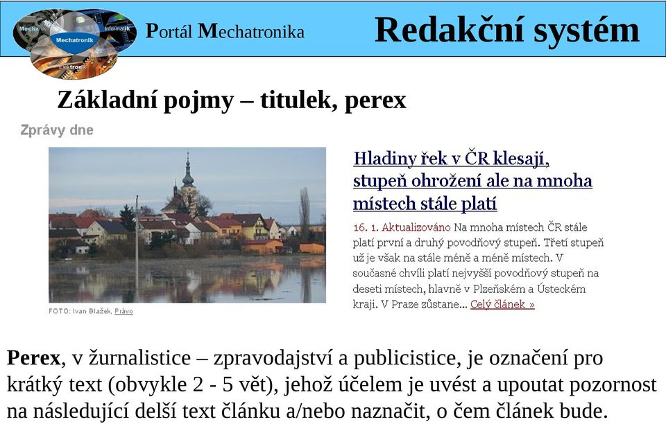 krátký text (obvykle 2-5 vět), jehož účelem je uvést a upoutat