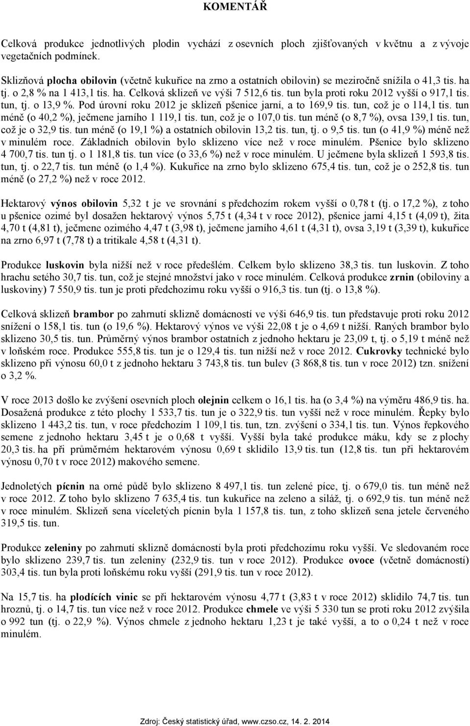 tun byla proti roku 2012 vyšší o 917,1 tis. tun, tj. o 13,9 %. Pod úrovní roku 2012 je sklizeň pšenice jarní, a to 169,9 tis. tun, což je o 114,1 tis. tun méně (o 40,2 %), ječmene jarního 1 119,1 tis.
