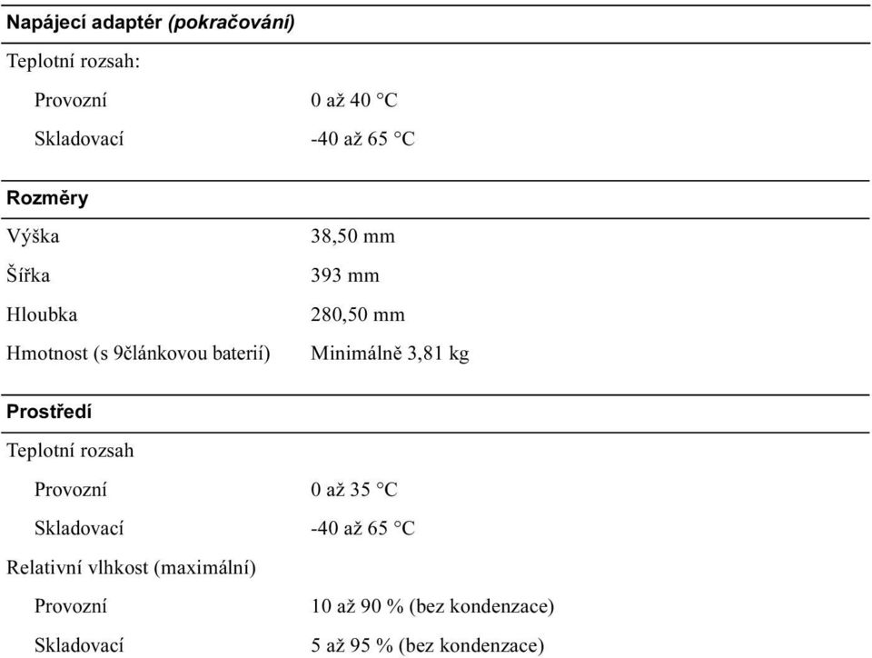 Minimálně 3,81 kg Prostředí Teplotní rozsah Provozní 0 až 35 C Skladovací -40 až 65 C