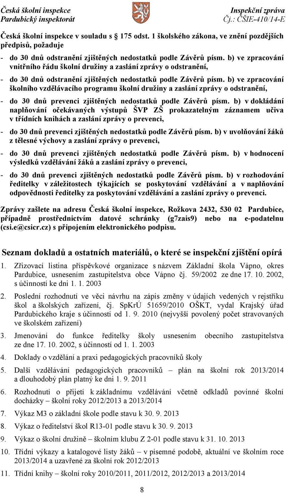 b) ve zpracování školního vzdělávacího programu školní družiny a zaslání zprávy o odstranění, - do 30 dnů prevenci zjištěných nedostatků podle Závěrů písm.