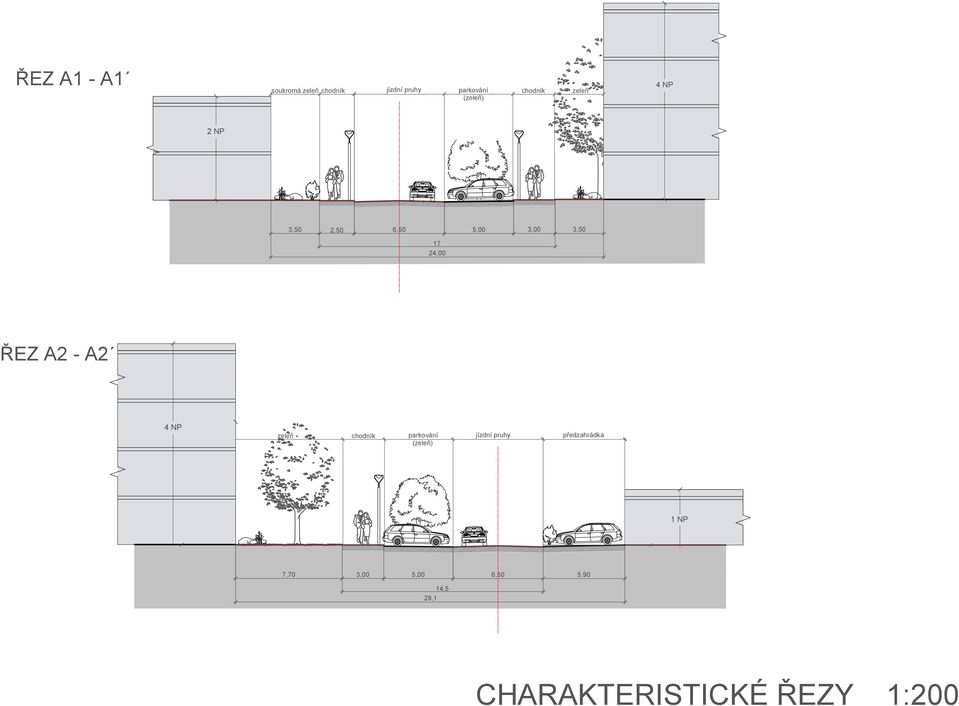 50 6,50 5,00 3,00 3,50 17 24,00 ŘEZ A2 - A2 4 NP zeleň chodník