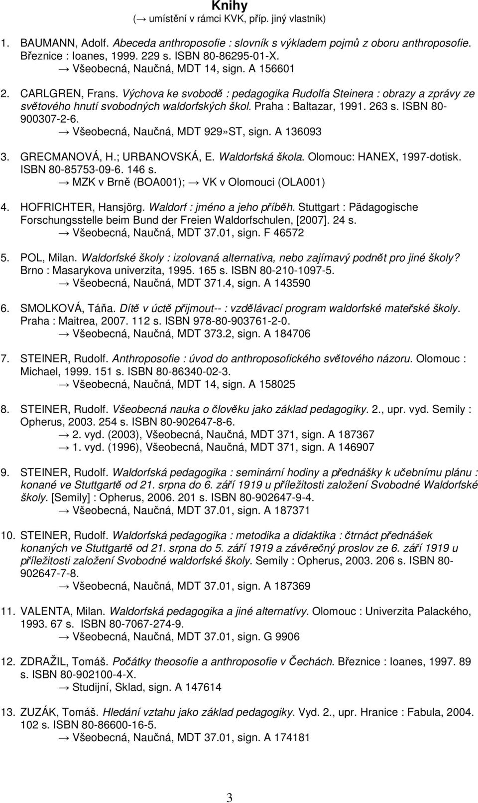 Praha : Baltazar, 1991. 263 s. ISBN 80-900307-2-6. Všeobecná, Naučná, MDT 929»ST, sign. A 136093 3. GRECMANOVÁ, H.; URBANOVSKÁ, E. Waldorfská škola. Olomouc: HANEX, 1997-dotisk. ISBN 80-85753-09-6.