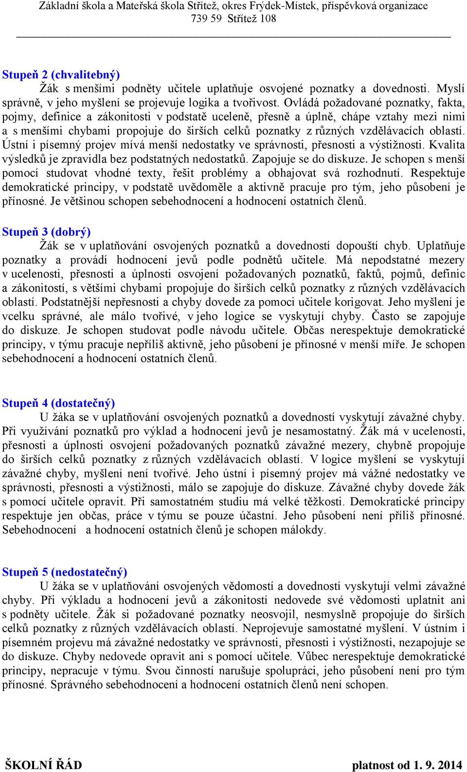 vzdělávacích oblastí. Ústní i písemný projev mívá menší nedostatky ve správnosti, přesnosti a výstižnosti. Kvalita výsledků je zpravidla bez podstatných nedostatků. Zapojuje se do diskuze.