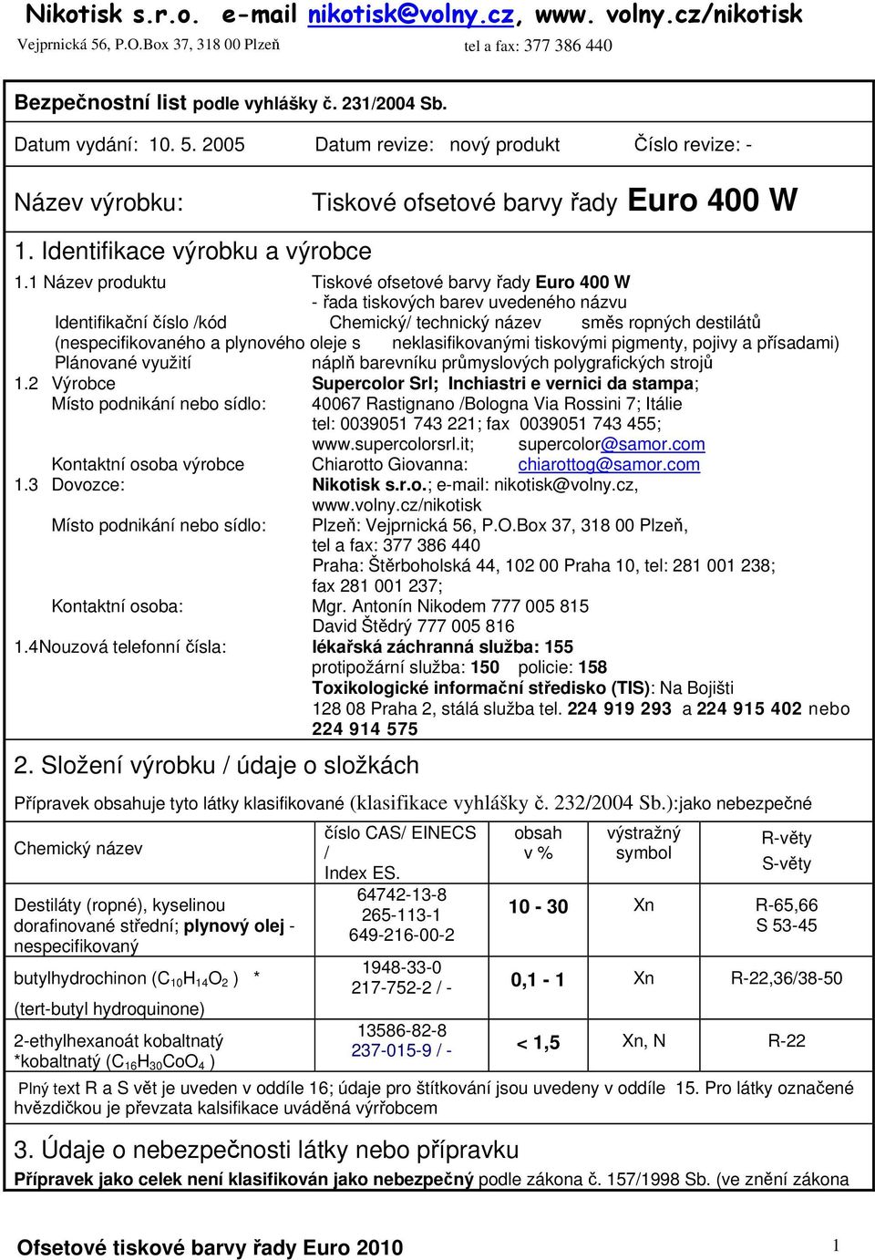 1 Název produktu Tiskové ofsetové barvy řady Euro 400 W - řada tiskových barev uvedeného názvu Identifikační číslo /kód Chemický/ technický název směs ropných destilátů (nespecifikovaného a plynového