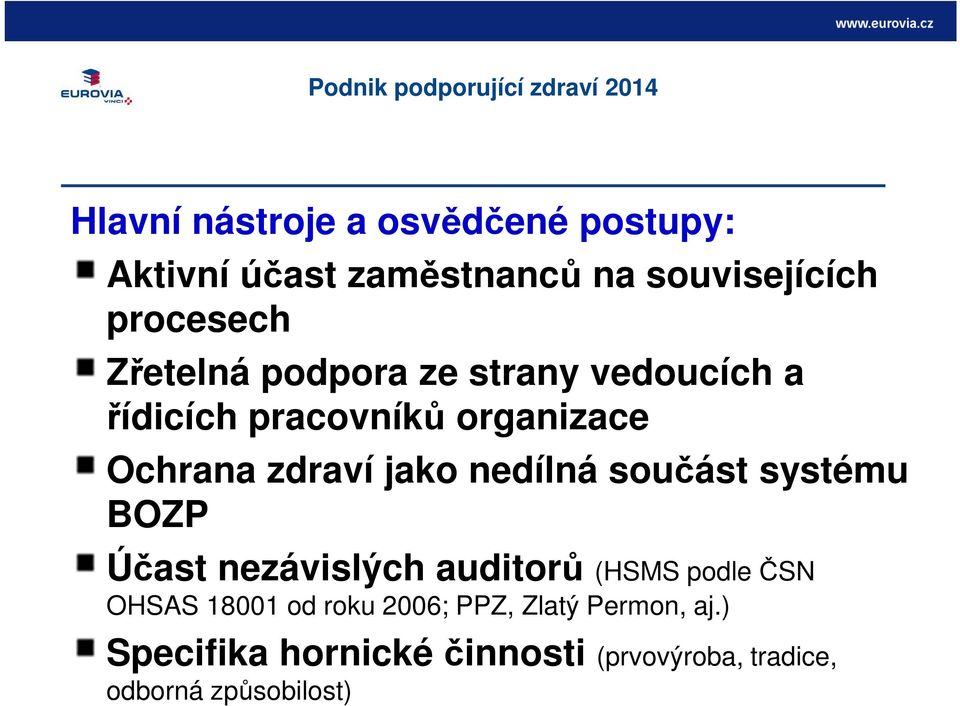 nedílná součást systému BOZP Účast nezávislých auditorů (HSMS podle ČSN OHSAS 18001 od roku