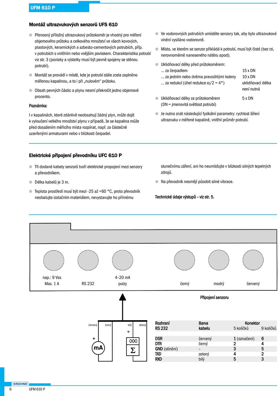 Montáž se provádí v místě, kde je potrubí stále zcela zaplněno měřenou kapalinou, a to i při nulovém průtoku. Obsah pevných částic a plynu nesmí překročit jedno objemové procento.