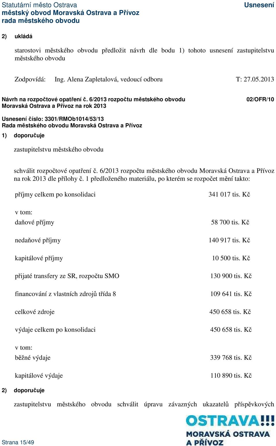 6/2013 rozpočtu městského obvodu Moravská Ostrava a Přívoz na rok 2013 02/OFR/10 číslo: 3301/RMOb1014/53/13 1) doporučuje zastupitelstvu městského obvodu schválit rozpočtové opatření č.