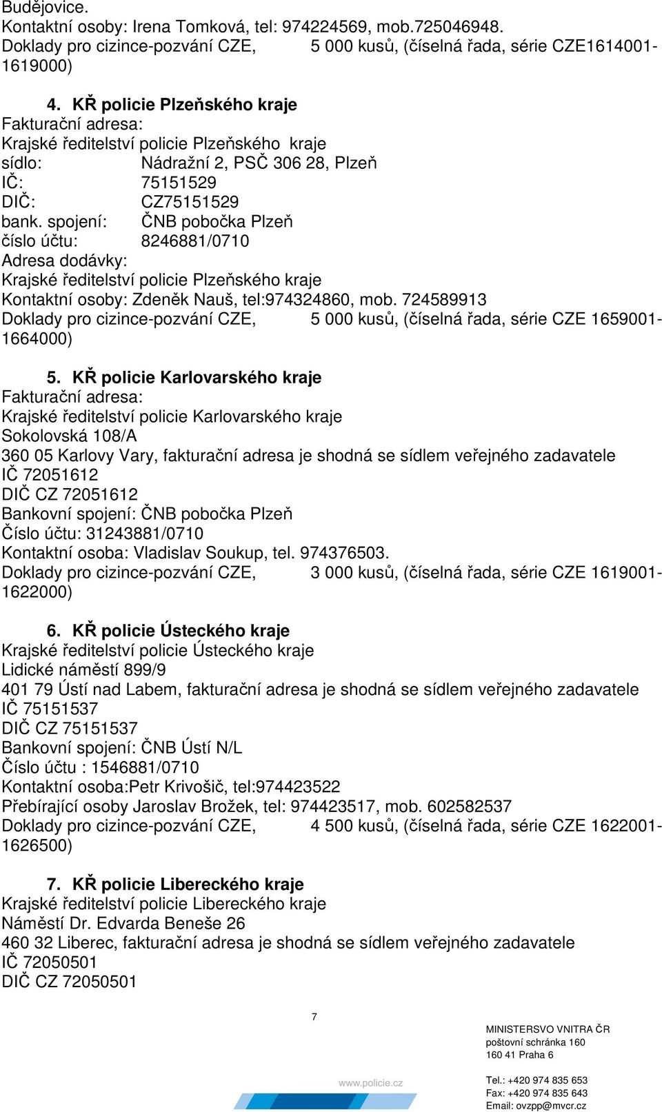 spojení: ČNB pobočka Plzeň číslo účtu: 8246881/0710 Adresa dodávky: Krajské ředitelství policie Plzeňského kraje Kontaktní osoby: Zdeněk Nauš, tel:974324860, mob.