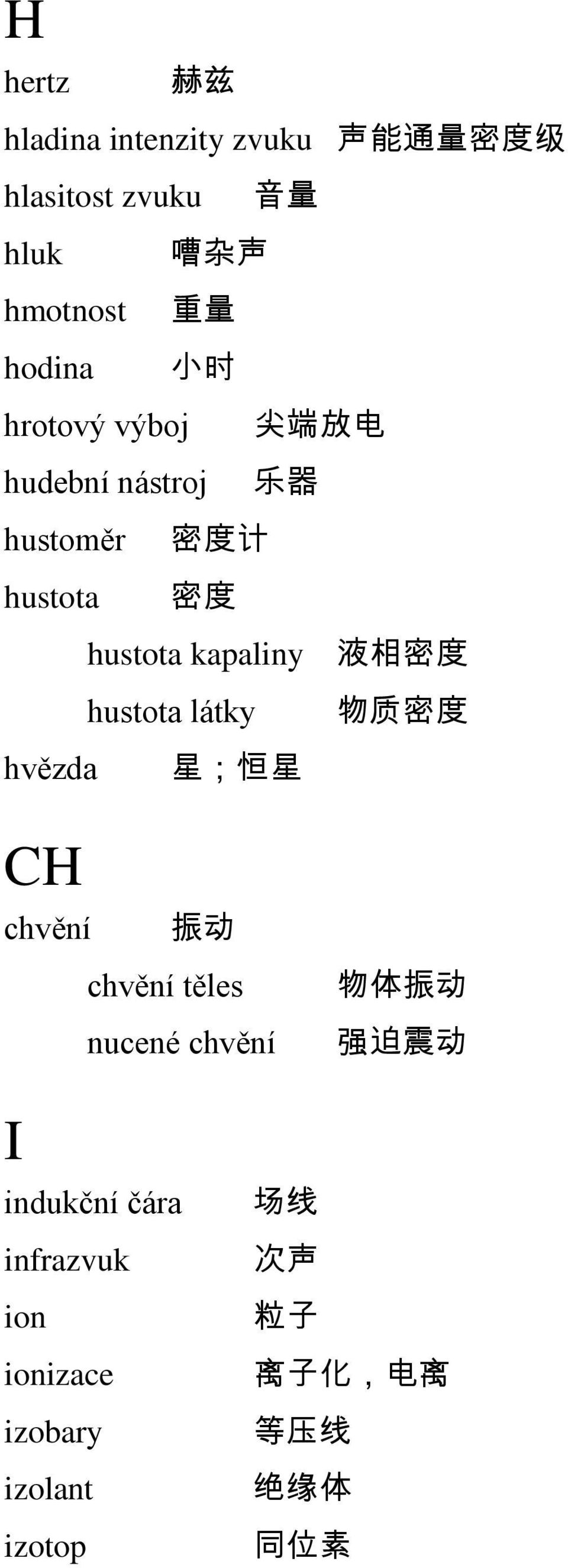 相 密 度 hustota látky 物 质 密 度 hvězda 星 ; 恒 星 CH chvění 振 动 chvění těles nucené chvění 物 体 振 动 强 迫 震