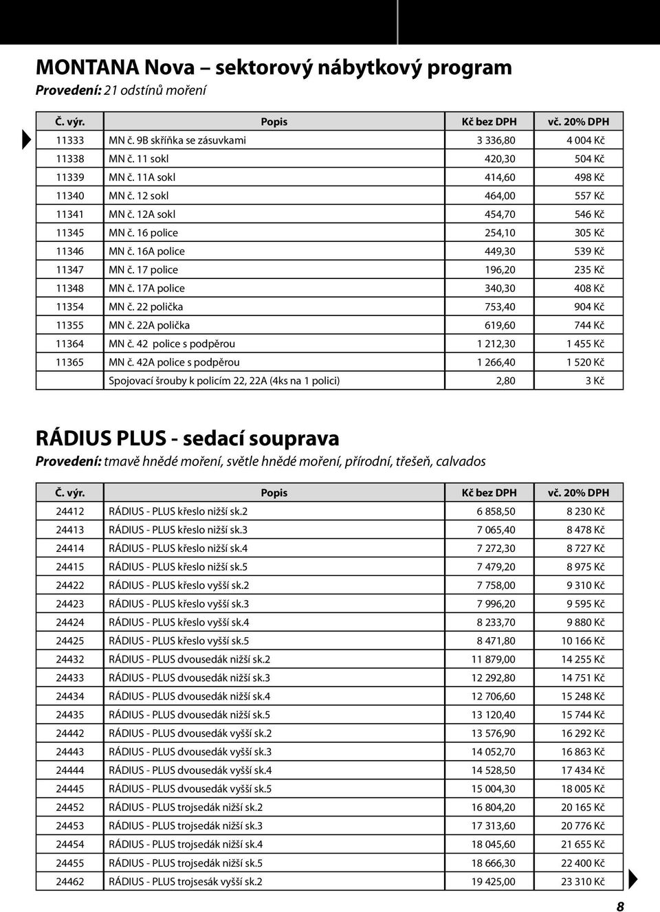 17 police 196,20 235 Kč 11348 MN č. 17A police 340,30 408 Kč 11354 MN č. 22 polička 753,40 904 Kč 11355 MN č. 22A polička 619,60 744 Kč 11364 MN č. 42 police s podpěrou 1 212,30 1 455 Kč 11365 MN č.