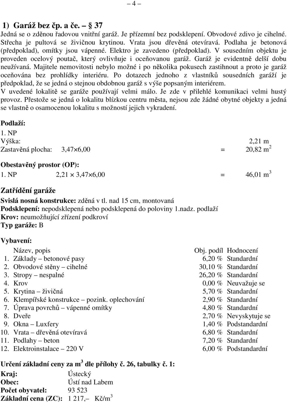 Garáž je evidentně delší dobu neužívaná. Majitele nemovitosti nebylo možné i po několika pokusech zastihnout a proto je garáž oceňována bez prohlídky interiéru.