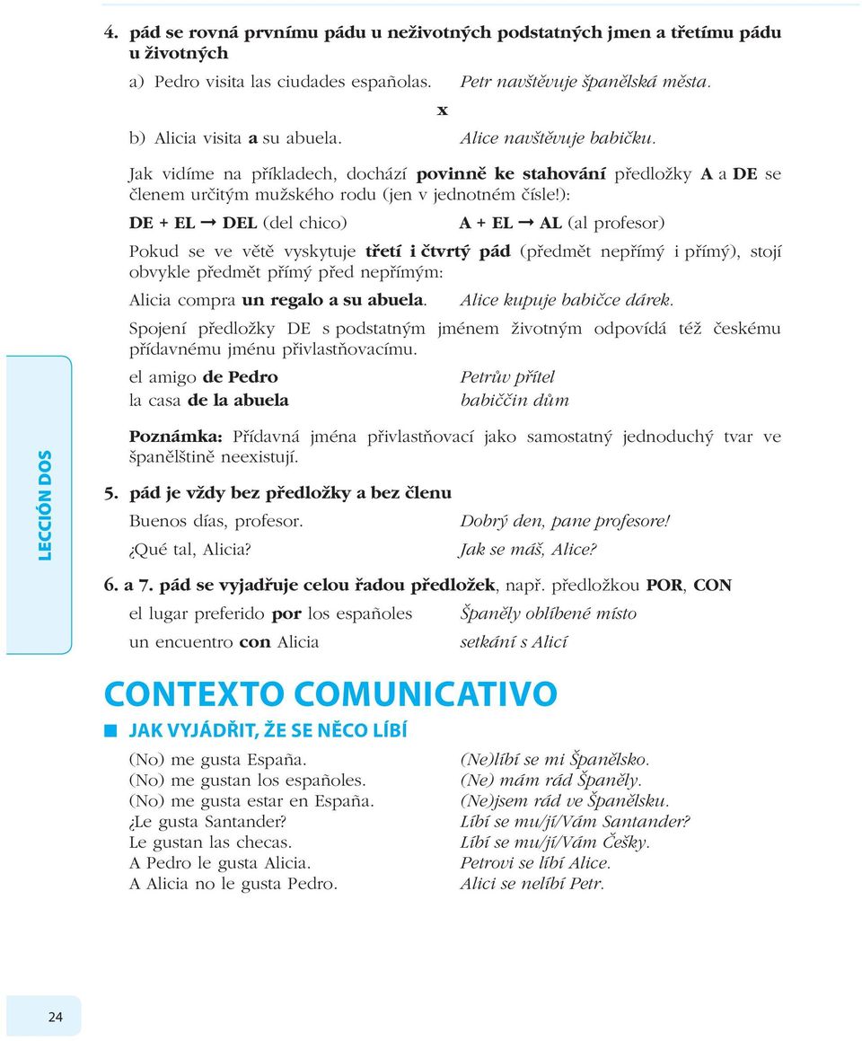 ): DE + EL DEL (del chico) A + EL AL (al profesor) Pokud se ve větě vyskytuje třetí i čtvrtý pád (předmět nepřímý i přímý), stojí obvykle předmět přímý před nepřímým: Alicia compra un regalo a su