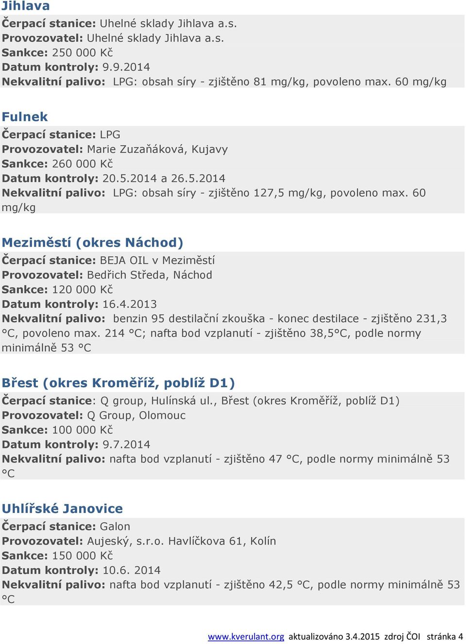 2014 a 26.5.2014 Nekvalitní palivo: LPG: obsah síry - zjištěno 127,5 mg/kg, povoleno max.