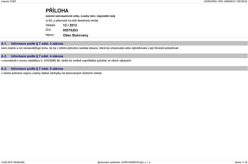 Informace podle 7 odst. 4 zákona v souvislosti s novou vyhláškou č. 410/2009 Sb. došlo ke změně uspořádání položek ve všech výkazech A.3. Informace podle 7 odst.