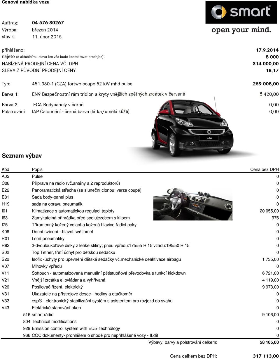 380-1 (CZA) fortwo coupe 52 kw mhd pulse 259 008,00 Barva 1: EN9 Bezpečnostní rám tridion a kryty vnějších zpětných zrcátek v červené 5 420,00 Barva 2: ECA Bodypanely v černé 0,00 Polstrování: IAP