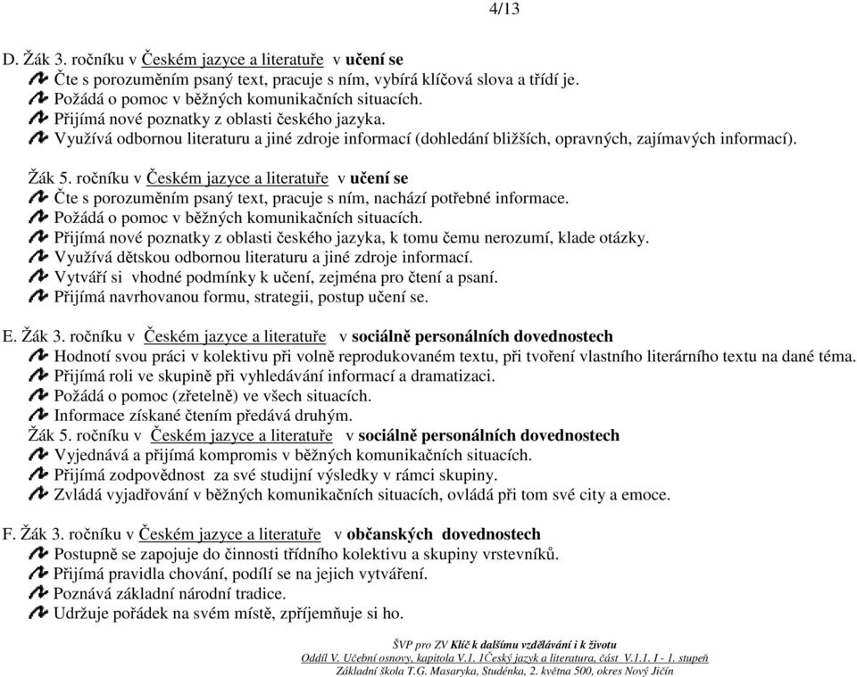 ročníku v Českém jazyce a literatuře v učení se Čte s porozuměním psaný text, pracuje s ním, nachází potřebné informace. Požádá o pomoc v běžných komunikačních situacích.