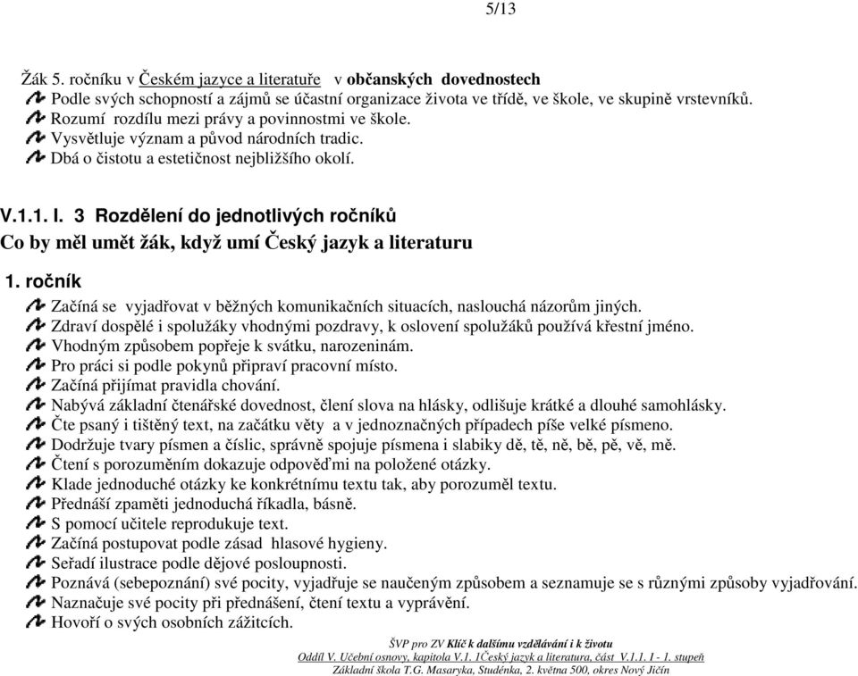 3 Rozdělení do jednotlivých ročníků Co by měl umět žák, když umí Český jazyk a literaturu ročník Začíná se vyjadřovat v běžných komunikačních situacích, naslouchá názorům jiných.