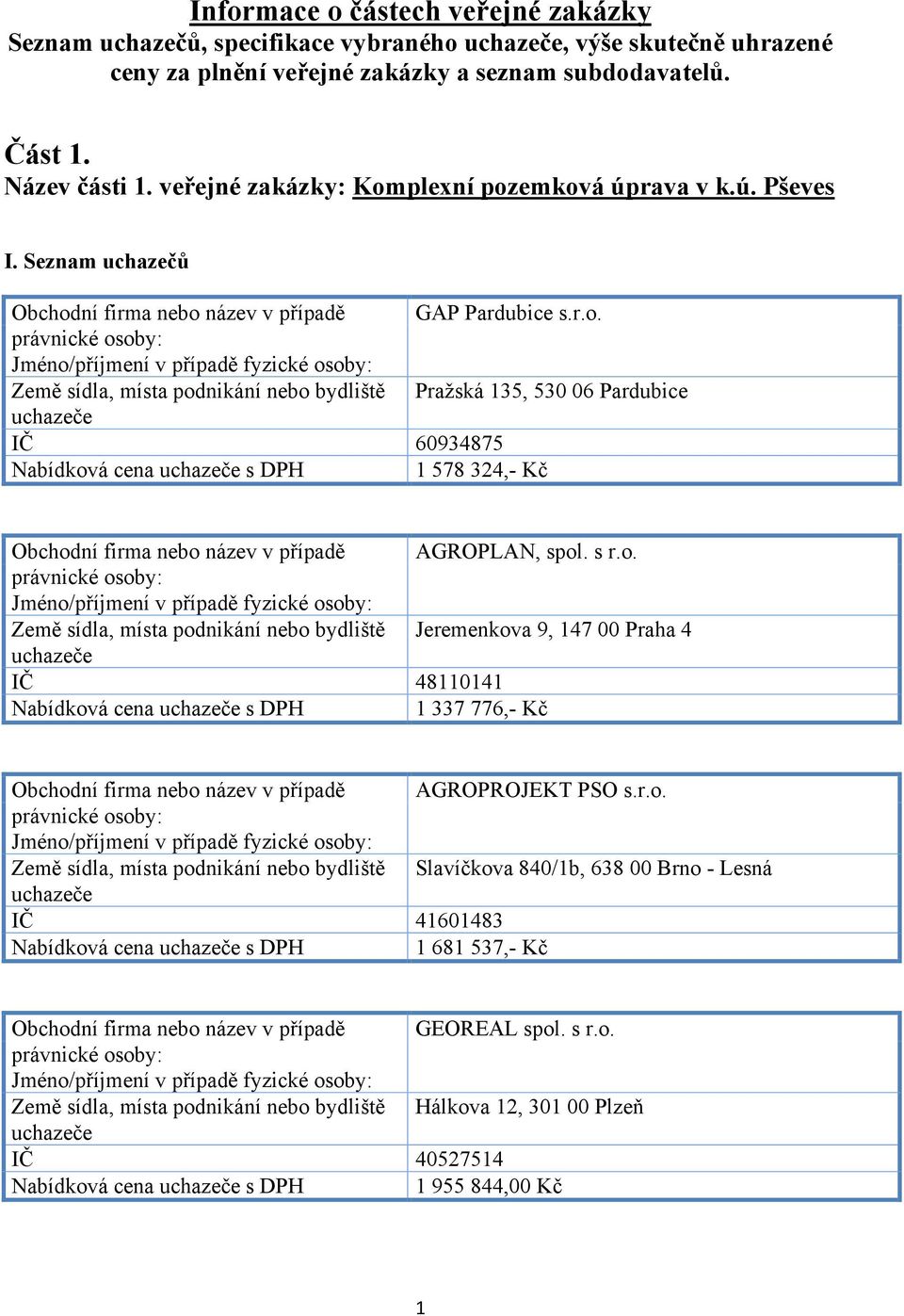 s r.o. Jeremenkova 9, 147 00 Praha 4 IČ 48110141 Nabídková cena s DPH 1 337 776,- Kč AGROPROJEKT PSO s.r.o. Slavíčkova 840/1b, 638 00 Brno - Lesná IČ 41601483 Nabídková cena s DPH 1 681 537,- Kč GEOREAL spol.